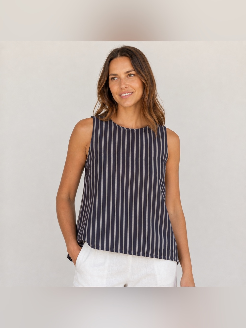 Ellen Tracy Navy White Striped Linen Sleeveless Tank Top Blouse Size Large